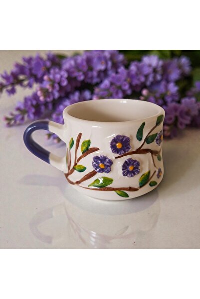 İlbay Çini Takı Beni Unutma Çiçeği Mor Seramik Kabartma Kupa