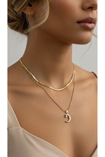 İNN JEWELLERY قلادة من الفولاذ 316L مقاومة للصدأ ومضادة للحساسية مع شكل القمر المزدوج (ضمان المستورد لمدة عامين)