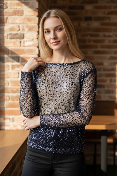 modayiğit Pul boncuk işlemeli kadın transparan bluz