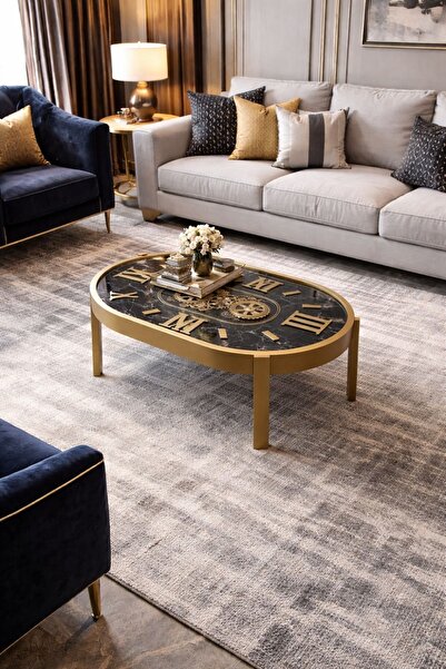 hediyeconcepti Metal Çarklı Lüks Saat Detaylı Orta Sehpa | Gold & Siyah Tasarım