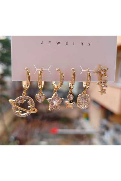 Tuel Zirkon Taşlı Gold Çelik Çoklu Küpe