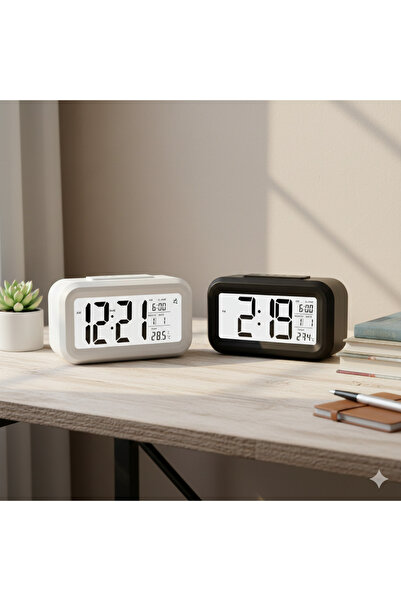 Genetic Dijital Masa Saati Seti - Siyah ve Beyaz 2'li Kombin - Alarmlı, Termo...