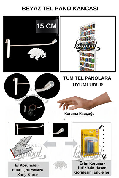 Manken İstanbul 10 Adet 20 Cm Delüx Koruma Kauçuklu Beyaz Tel Pano Kancası - ...