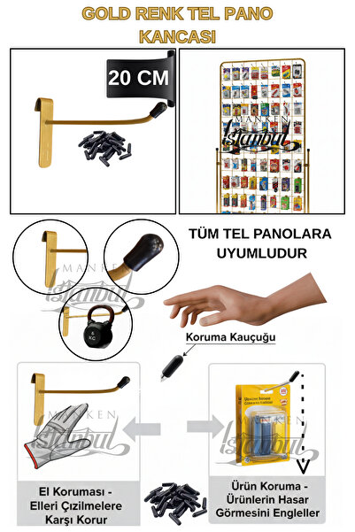 Manken İstanbul 10 Adet 20 Cm Delüx Koruma Kauçuklu Gold Tel Pano Kancası - E...