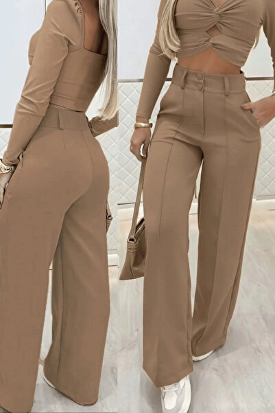 GENİRA Kadın Takım – Yüksek Bel Bol Paça Pantolon + Uzun Kollu Üst |