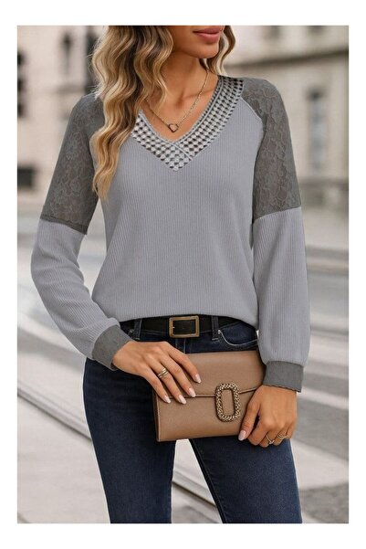 byasafkids Kadın Uzun Kollu V Yakalı Dantelli Waffle Bluz