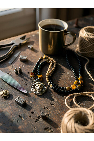 magıcgrange Kingdom Leon Tiger Eye Natural Stone Necklace |   Hand Knitted Premium Design |   Power and Nobility with Lion Figure