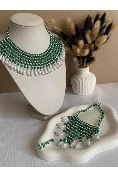 Handmade KUM BONCUK EL İŞİ YEŞİL KÖLYE VE ŞAHMERAN