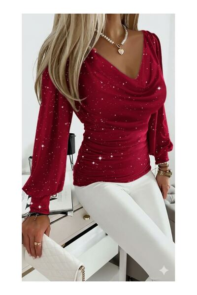 byasafkids بلوزة نسائية بأكمام طويلة وياقة ديجاجيه مزينة بالأحجار بلون ساندي