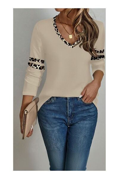 byasafkids بلوزة نسائية بأكمام طويلة ورقبة على شكل حرف V وطبعة الفهد من الفسك...