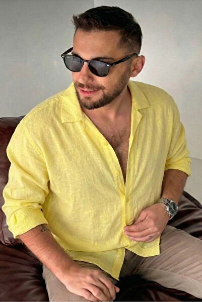 bb butik basic Dökümlü keten dokulu oversize spor yaka gömlek SARI