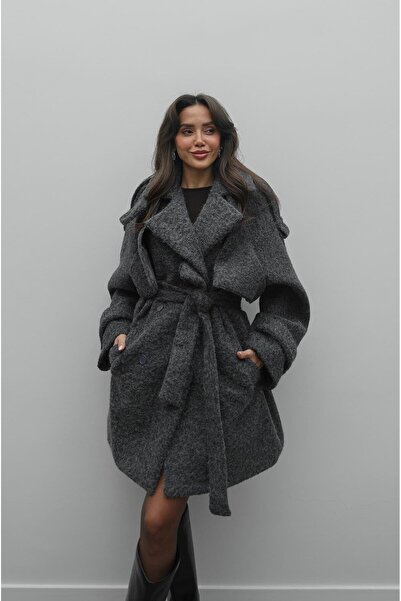 Havoş Anthracite Sohum Mock Neck Belted Coat
