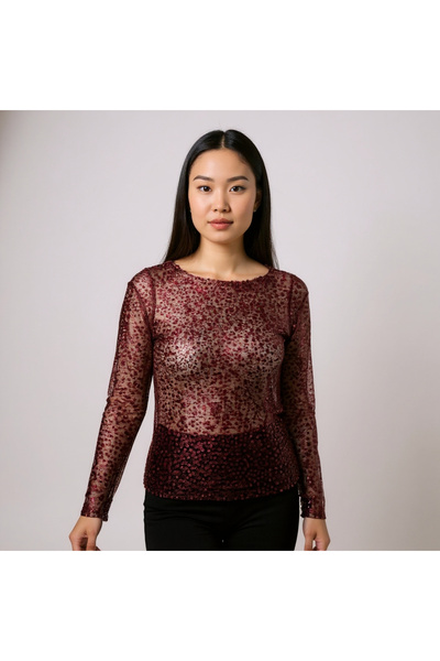 modayiğit Payet boncuk işlemeli kadın transparan bluz