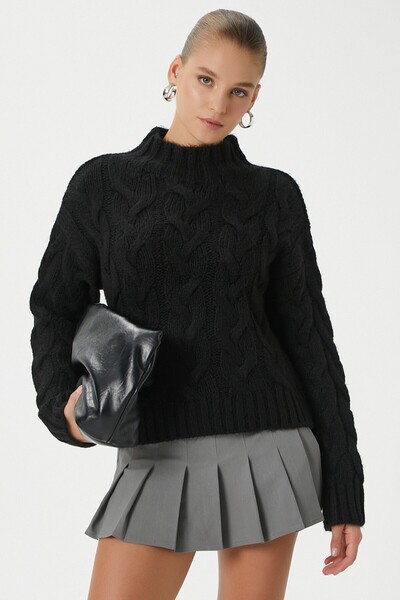 Ritnice Women's Drew Soft Texture Black Hair Braided Knitwear Sweater 3020