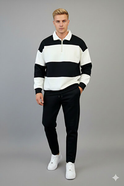 Modaikon Polo Collar Zippered Plain Black and White Tracksuit Set Bottom-Top ...