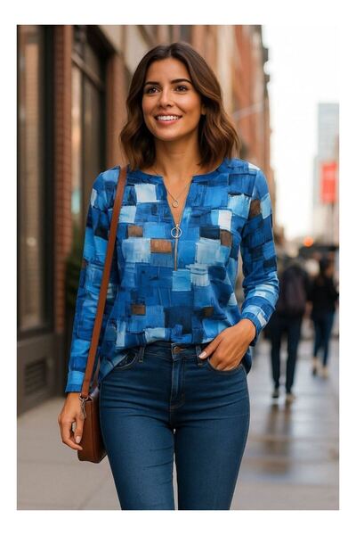 byasafkids بلوزة نسائية طويلة الأكمام بسحاب عند الرقبة، تصميم دينم، مزينة بنق...