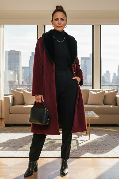 Rain and River Fur detail taupe fabric maxi length coat