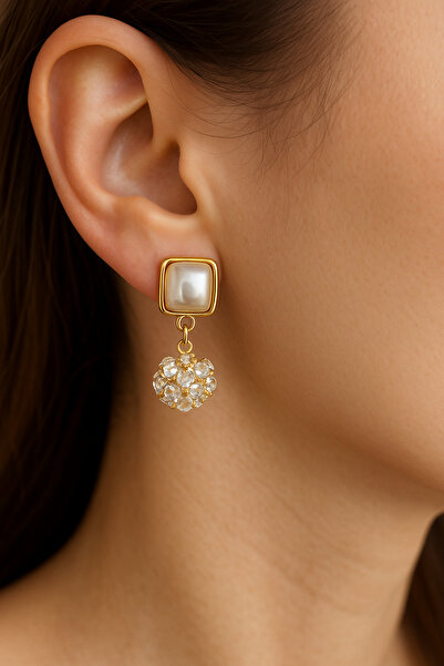 AFRODİTGOLDBUJİTERİ Gold Pearl Crystal Stone Earrings
