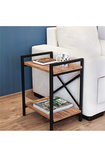Kütük shop Endüstriyel Metal Ayaklı Ahşap Yan Sehpa | Çift Katlı | C Sehpa | ...