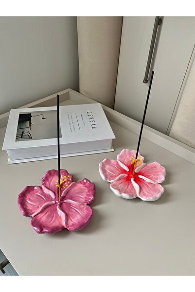 EYO İkili Pembe ve Bordo Dekoratif Çiçek Hibiskus Tütsülük & Takı Tabağı