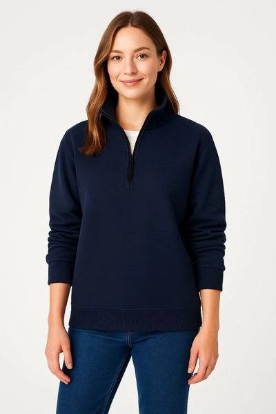 BLACK MODBLACK Three Thread Stand Collar Half Zipper Sweatshirt - Navy Blue