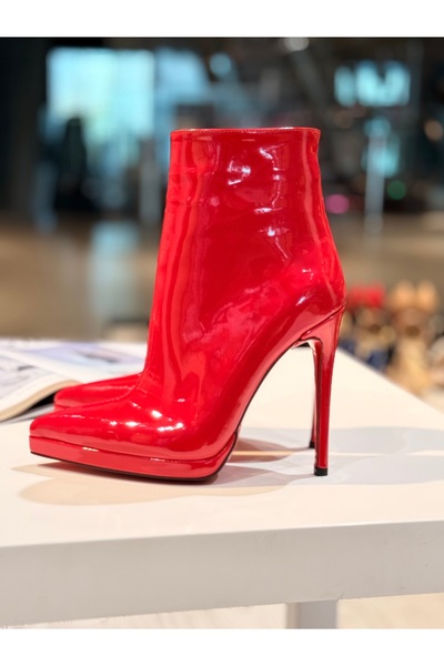 New Stiletto Store Kadın Bootie kırmızı rugan 12 cm 1 cm platform