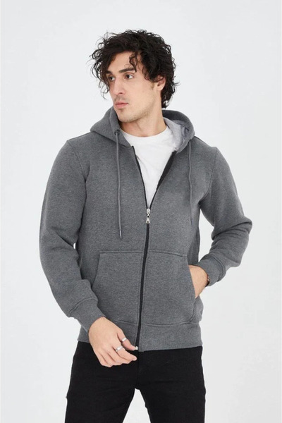 idimilla Equri̇ Men's K Hooded Plain Zippered Cardigan - Smoked