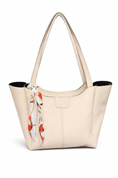 Livayssçanta Kadın Fularlı Fermuarlı Bej Vizon Shopper El ve Omuz Çantası