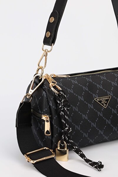 NOTHING Kadın Siyah Monogram Deri Kilit Charm Detaylı El Omuz ve Çapraz Çanta Alice