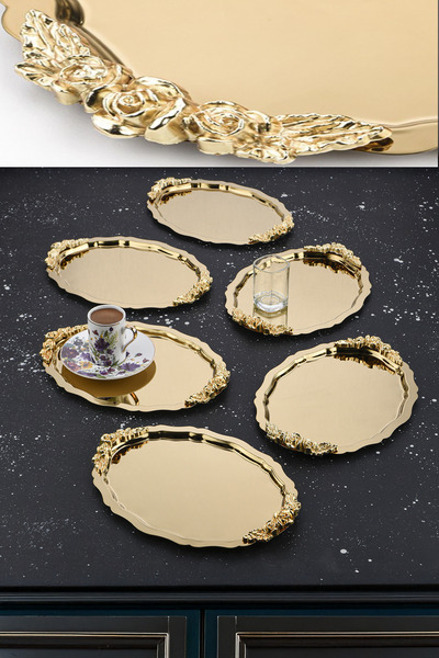 moontime alaçatı 6 Adet Gold Oval Gül Motifli Kahve-Çay Sunum Tepsisi 25x20 cm