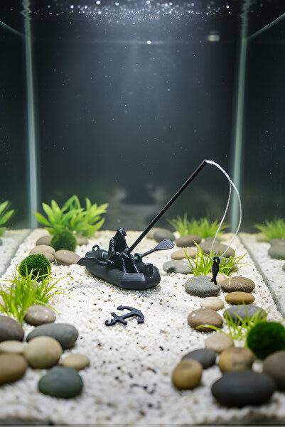 açelya3d Akvaryum Balık Tutan Adam Süsü Dekoru Yağmurluklu Balıkçı Yüzen Bata...