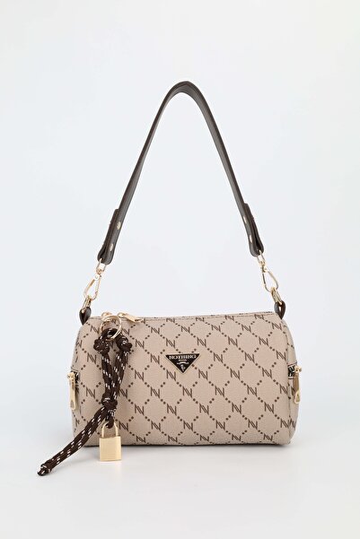 NOTHING Women's Mink Brown Monogram Leather Lock Charm Detailed Hand Shoulder and Crossbody Bag Alice