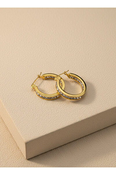 GKCBijoux 316L Çelik Gold Tamtur Zirkon Taşlı Halka Küpe Kararmaz