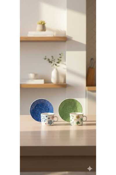 English Home Dewy Porselen 4 Parça 2 Kişilik Kahve Fincan Takımı 80 ml Mavi-yeşil