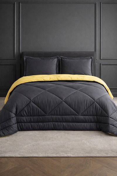 POMELO HOME Çift Taraflı %100 Pamuk Yorgan Takımı Çarşaf ve 2 Yastık Kılıflı | Antrasit-Hardal Çift Kişilik