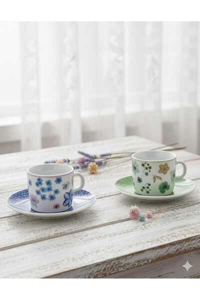 English Home Dewy Porcelain 4 Piece Coffee Cup Set for 2 People 80 ml Blue-Green