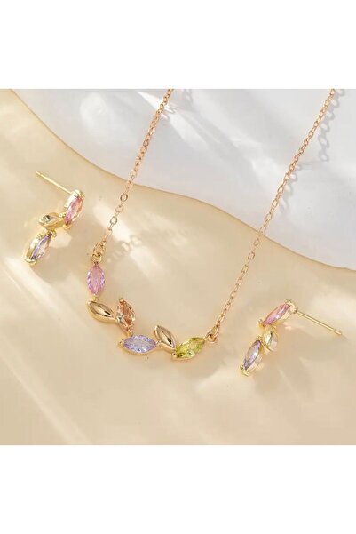 Liva Zarif Altın Renk Kolye & Küpe Seti – Pastel Taşlı Yaprak Model