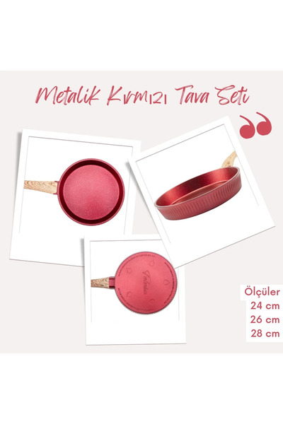 Febern Premium Bio Granit Alüminyum Döküm Nisch Tava Seti Metalik Kırmızı | 2...