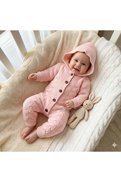 babysena Kapüşonlu Örgü Kız Bebek Tulum