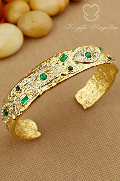 Keyifli Hayaller Çelik Kelepçe - Kararmaz 12mm Kalın Nazar Göz Yeşil Taşlı Çe...