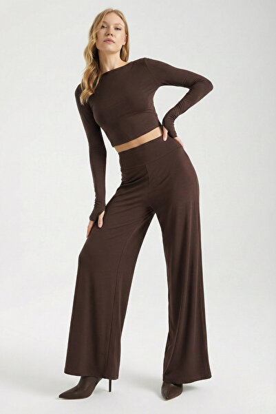 By Yaren Yazıcı Women's Coffee High Waist Wide Leg Pants Day Night Office Style