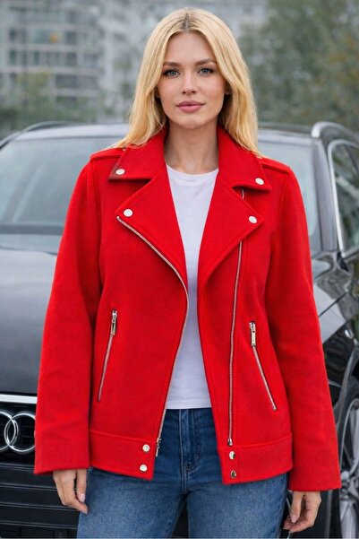Bluewhs Women's Premium Oversized Red Cashmere Coat Zippered Premium Jacket