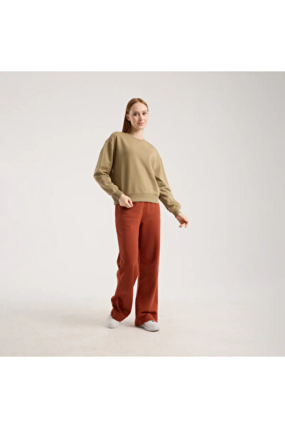 SAVE THE DUCK Kadın Haki Kahverengi Bisiklet Yaka Sweatshirt-BASIC CREW