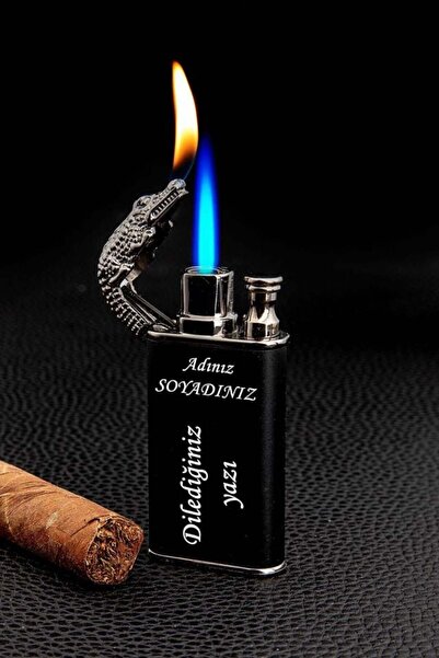 AYKE AKSESUAR Kişiye özel Timsah figürlü çift alev gazlı ejderha alevi çakmak