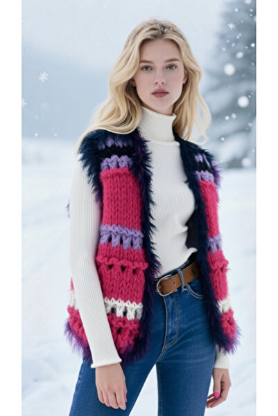 Tanem Çarşı Yelek Oversize Elörgüsü Renkli Yünlü Tasarım(60cmboy)