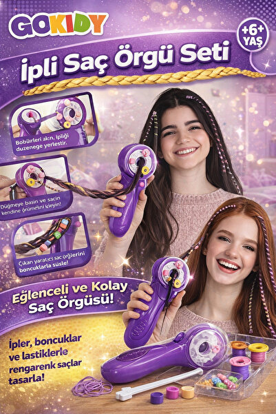 Gokidy Set de împletitură de păr cu șnur (+6 ani) – cu mărgele colorate, împl...