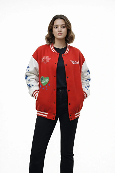 hibiscus Women's Red Varsity Snapback Printed Oversized Mold College Jacket - Red