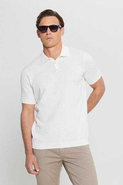 ALTINYILDIZ CLASSICS Men's Ecru 100% Cotton Standard Fit Regular Cut Polo Neck Jacquard Knit T-Shirt