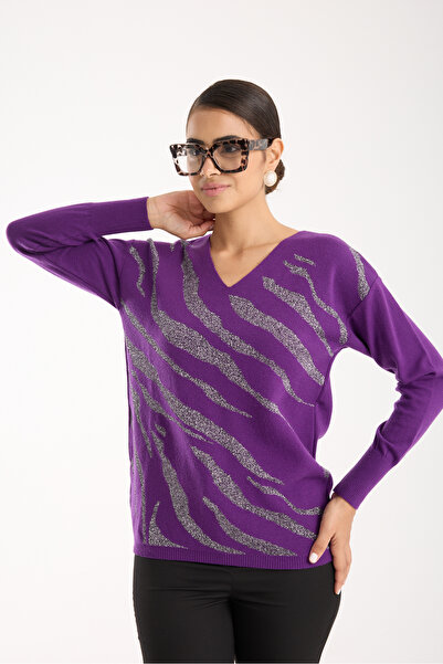 Moda Days Women's Purple Glitter Patterned Wide Cuff V-Neck Knitwear Blouse