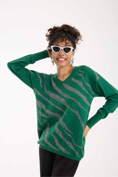 Moda Days Women's Emerald Green Glitter Patterned Wide Cuff V-Neck Knitwear Blouse